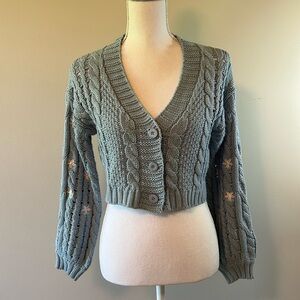 Darling light blue cardigan with pink flowers on sleeves, size XS.